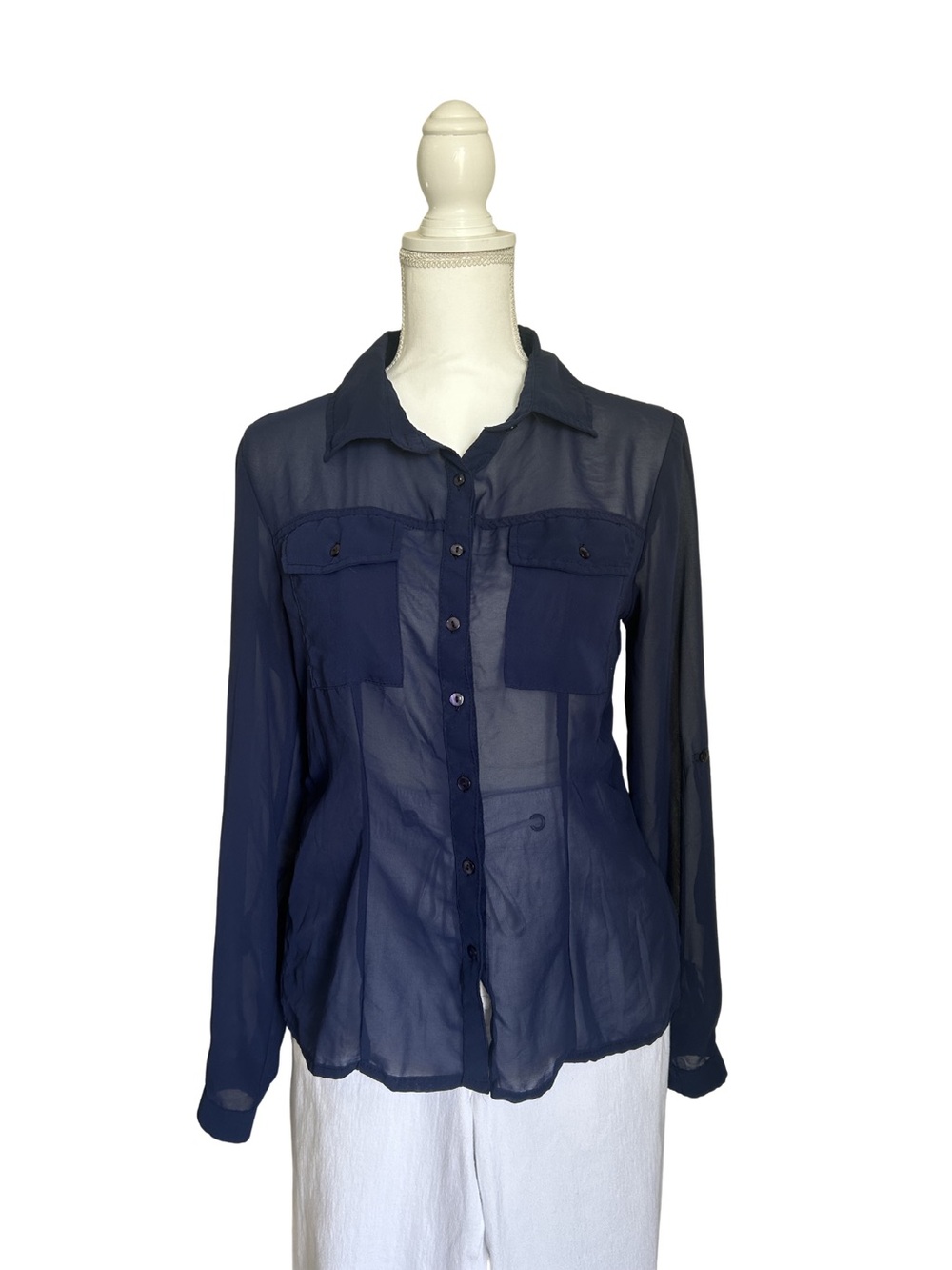Sheer Navy Blue Button Down Shirt Preppy Old Money Beachy Blouse Women Size L